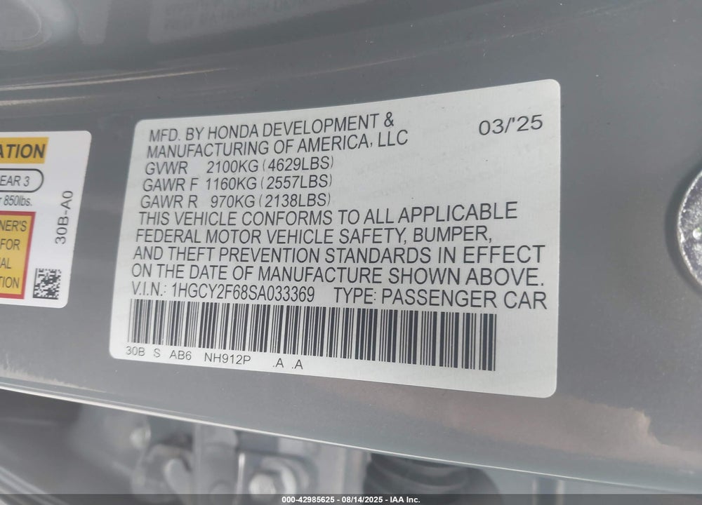 2025 HONDA ACCORD HYBRID EX-L VIN: 1HGCY2F68SA033369