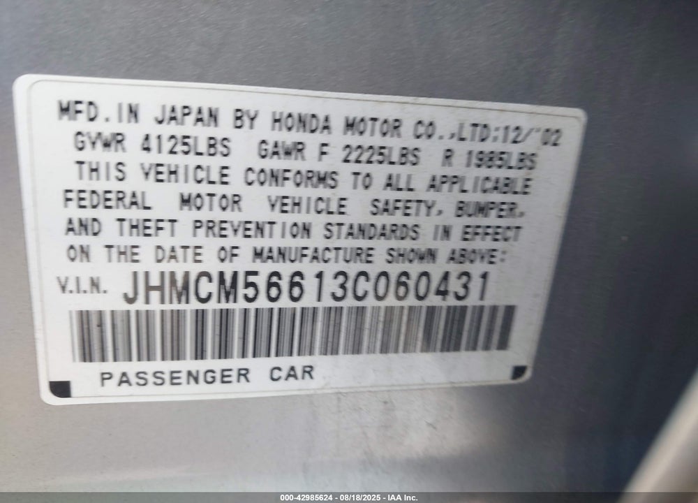 2003 HONDA ACCORD 2.4 EX VIN: JHMCM56613C060431