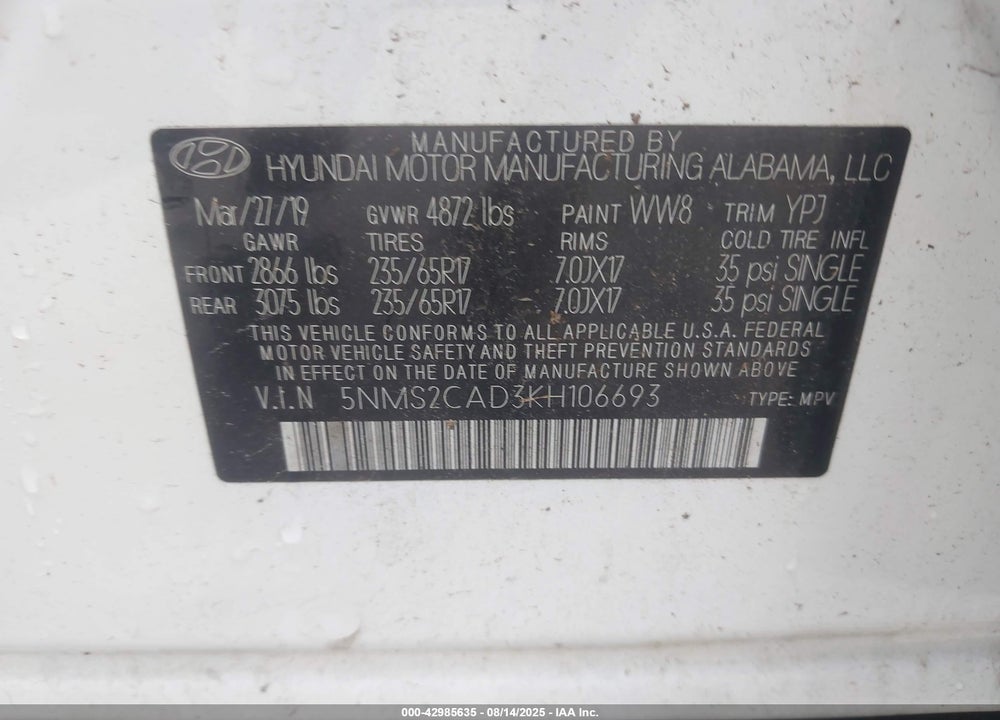2019 HYUNDAI SANTA FE VIN: 5NMS2CAD3KH106693