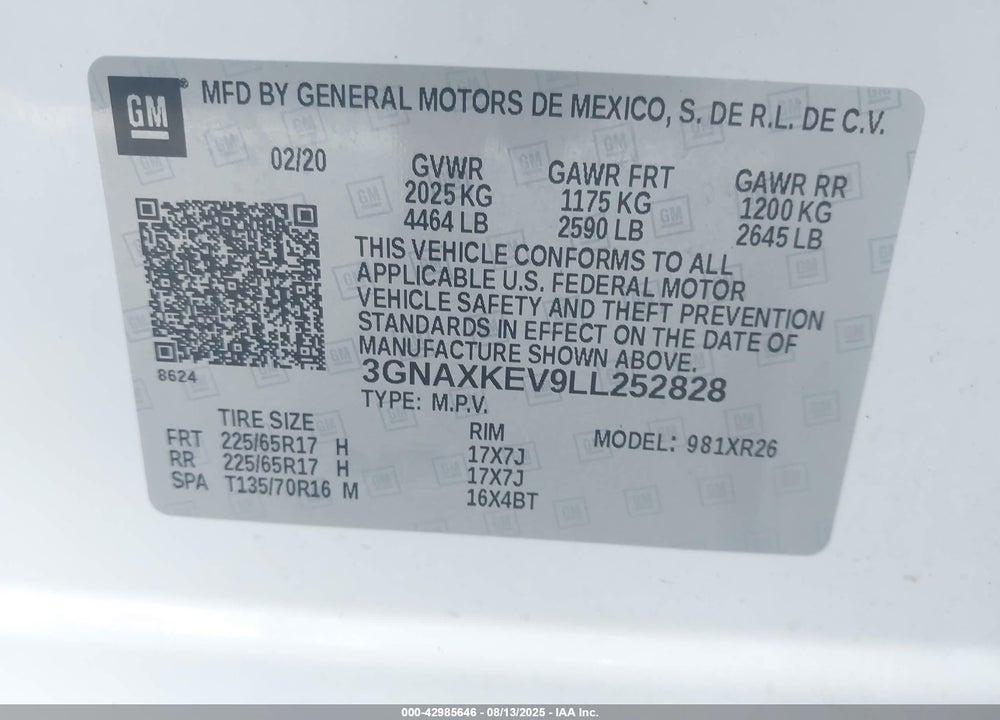 2020 CHEVROLET EQUINOX VIN: 3GNAXKEV9LL252828