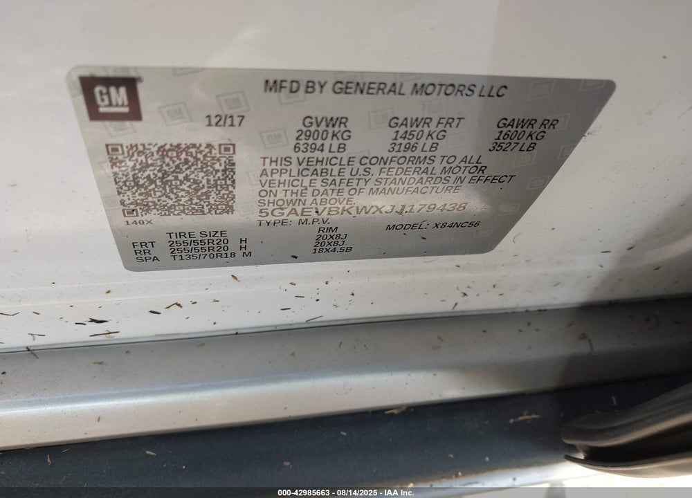 2018 BUICK ENCLAVE VIN: 5GAEVBKWXJJ179438