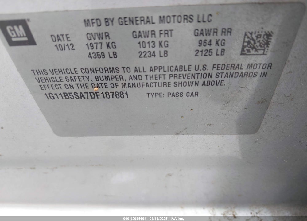 2013 CHEVROLET MALIBU VIN: 1G11B5SA7DF187881