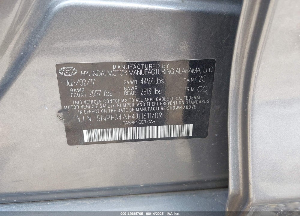 2018 HYUNDAI SONATA VIN: 5NPE34AF4JH611709
