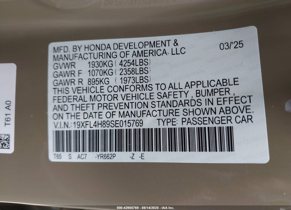 2025 HONDA CIVIC HYBRID VIN: 19XFL4H89SE015769