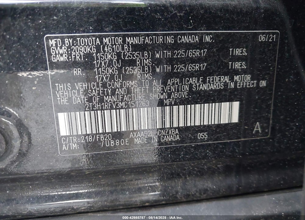 2021 TOYOTA RAV4 LE VIN: 2T3H1RFV3MC151263