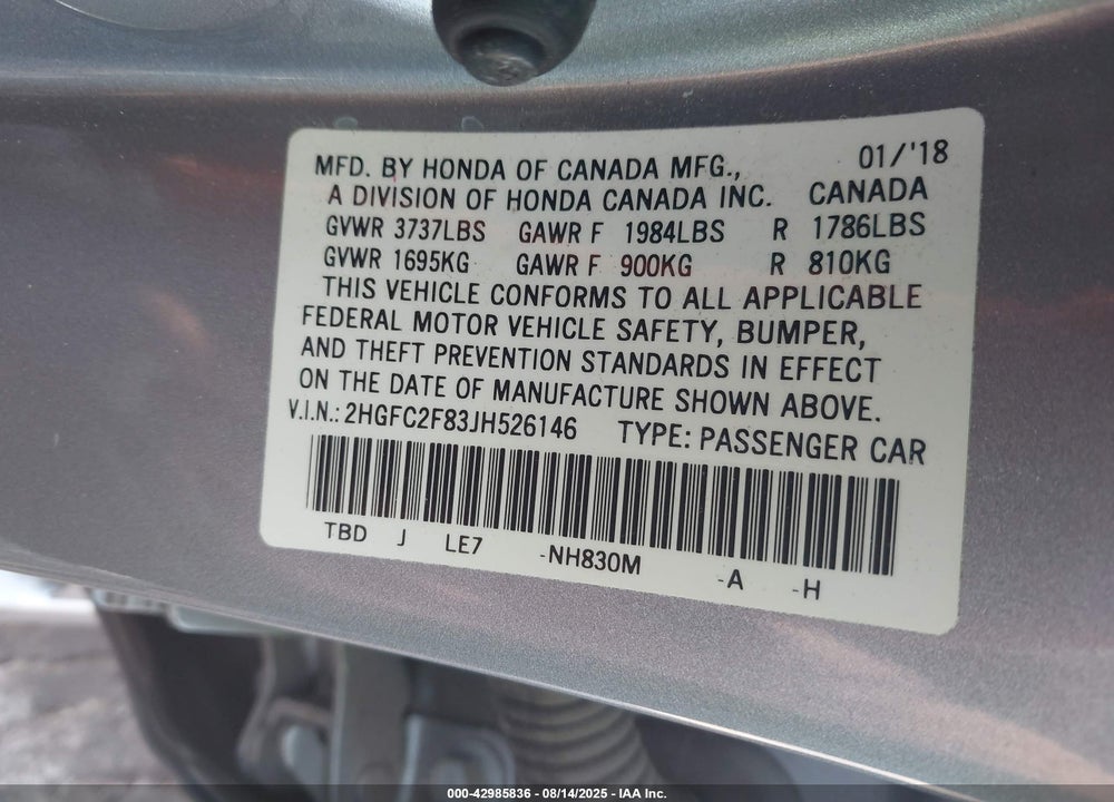 2018 HONDA CIVIC VIN: 2HGFC2F83JH526146