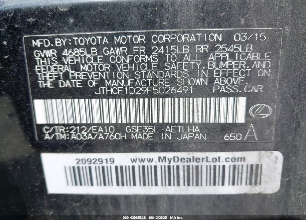 2015 LEXUS IS 250 VIN: JTHCF1D29F5026491