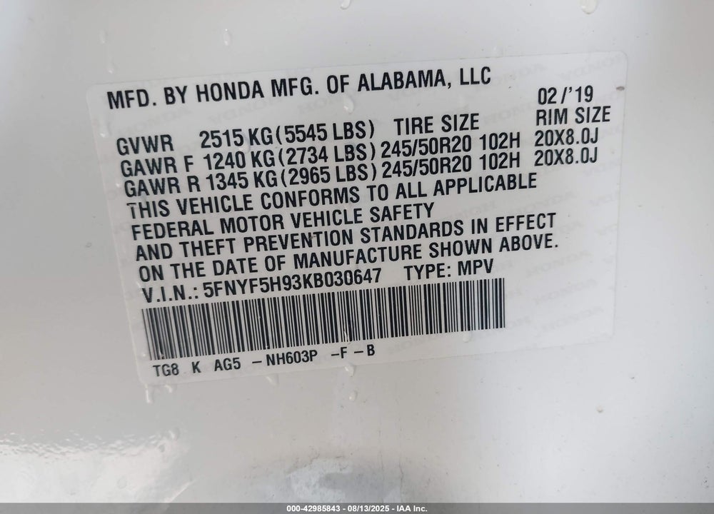 2019 HONDA PILOT VIN: 5FNYF5H93KB030647