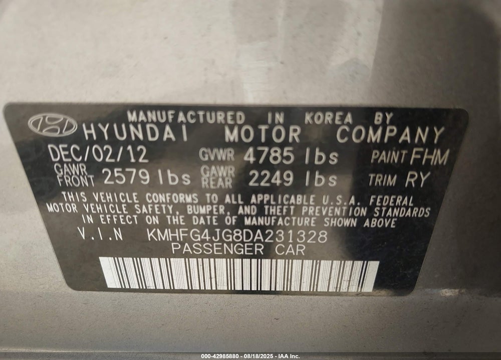 2013 HYUNDAI AZERA VIN: KMHFG4JG8DA231328