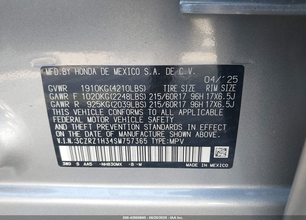 2025 HONDA HR-V 2WD LX VIN: 3CZRZ1H34SM757365