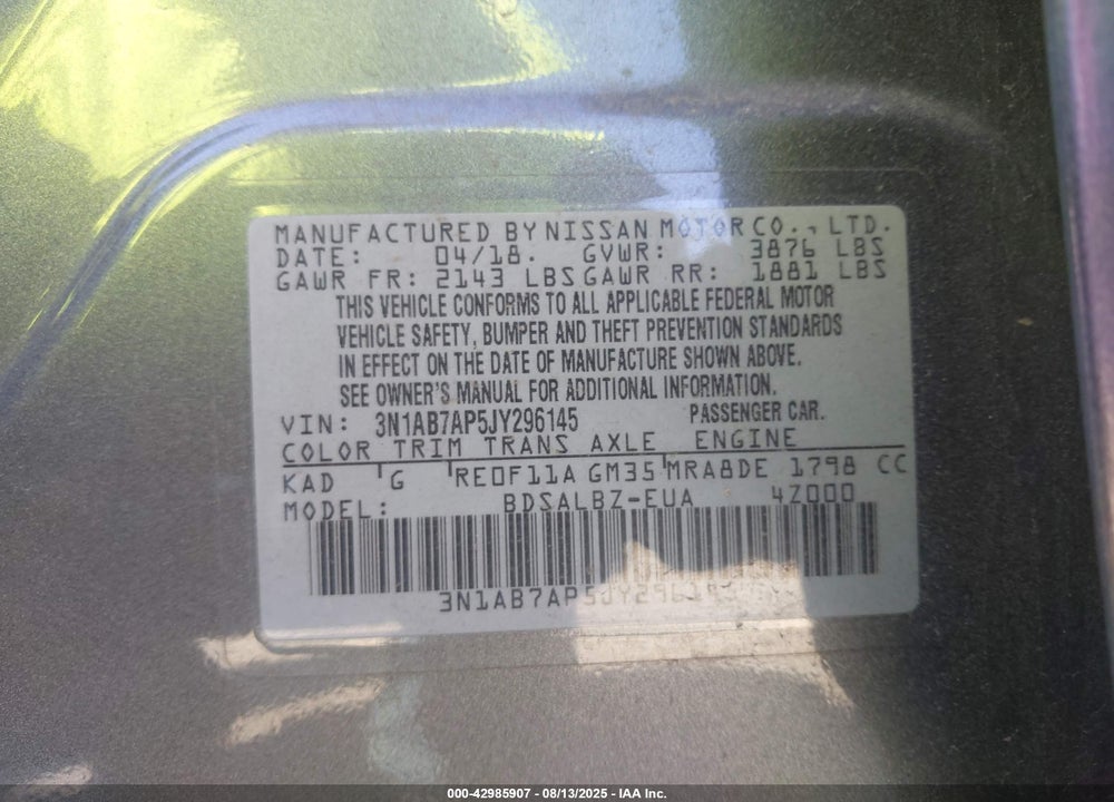 2018 NISSAN SENTRA VIN: 3N1AB7AP5JY296145