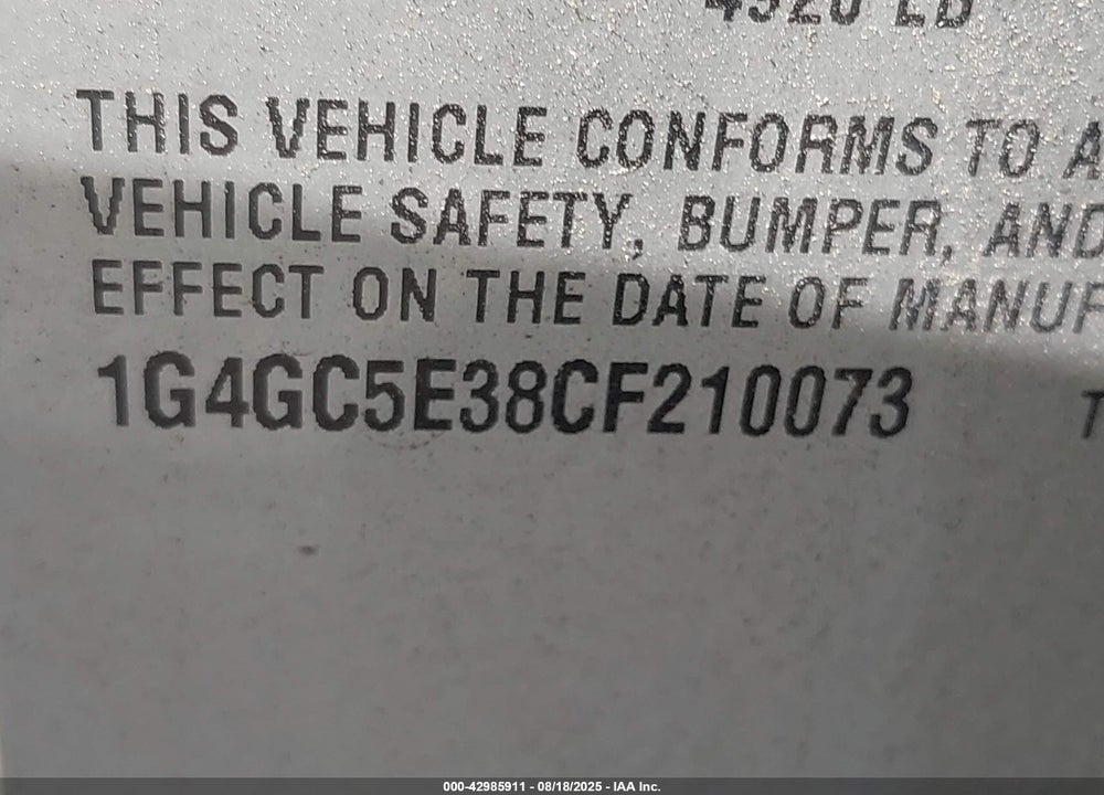 2012 BUICK LACROSSE VIN: 1G4GC5E38CF210073