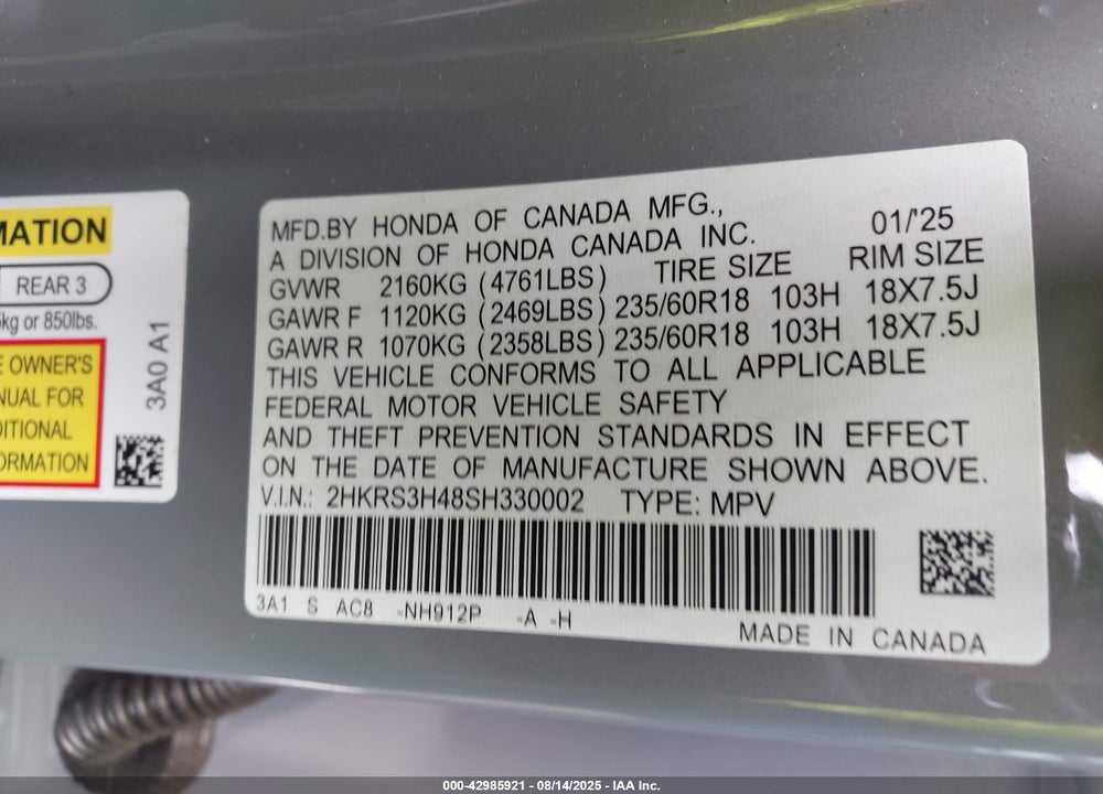 2025 HONDA CR-V EX 2WD VIN: 2HKRS3H48SH330002