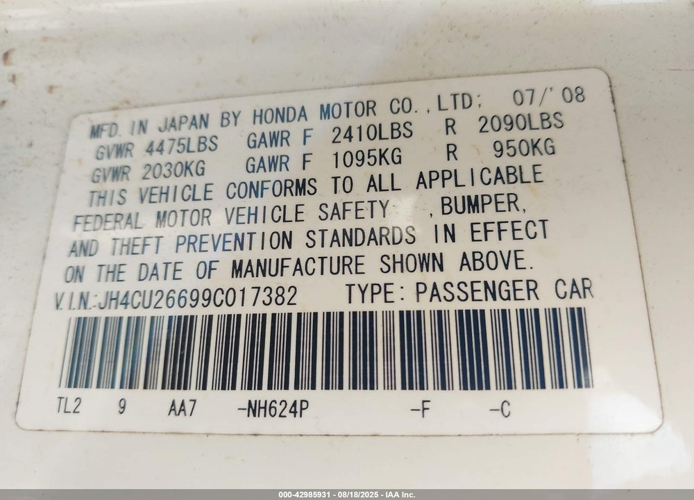 2009 ACURA TSX VIN: JH4CU26699C017382