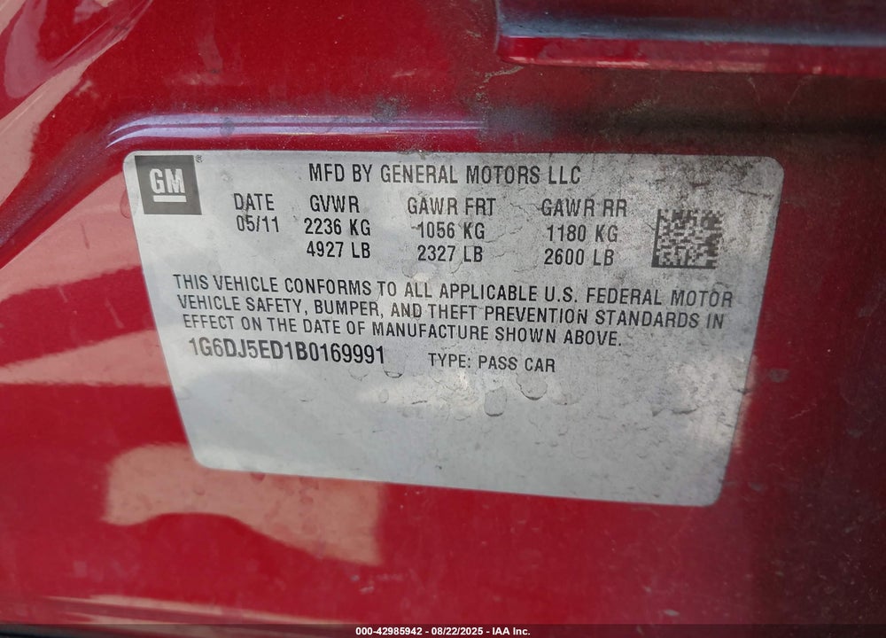 2011 CADILLAC CTS VIN: 1G6DJ5ED1B0169991