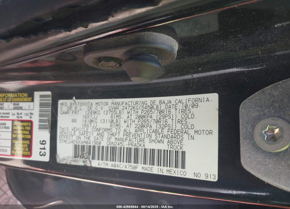 2010 TOYOTA TACOMA VIN: 3TMLU4ENXAM041960