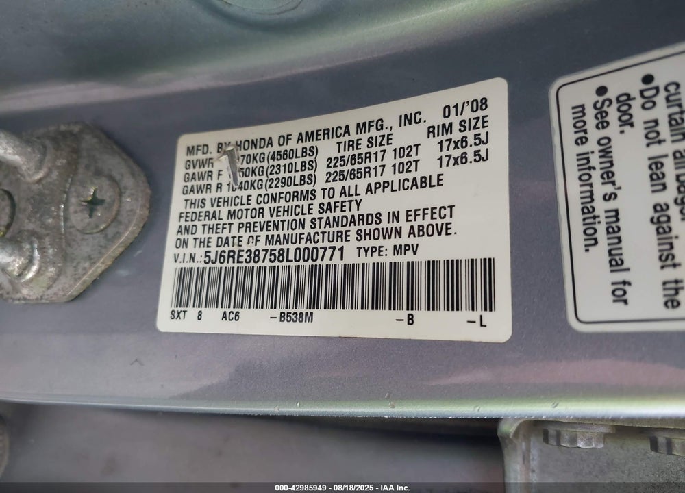 2008 HONDA CR-V EX-L VIN: 5J6RE38758L000771