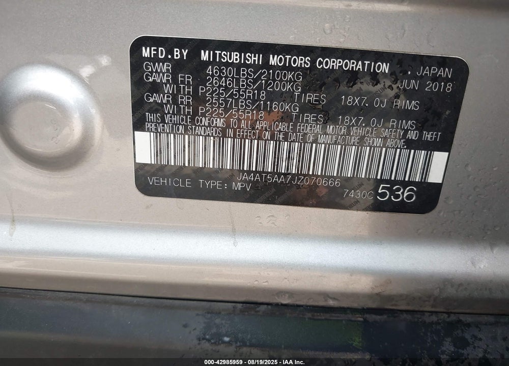 2018 MITSUBISHI ECLIPSE VIN: JA4AT5AA7JZ070666