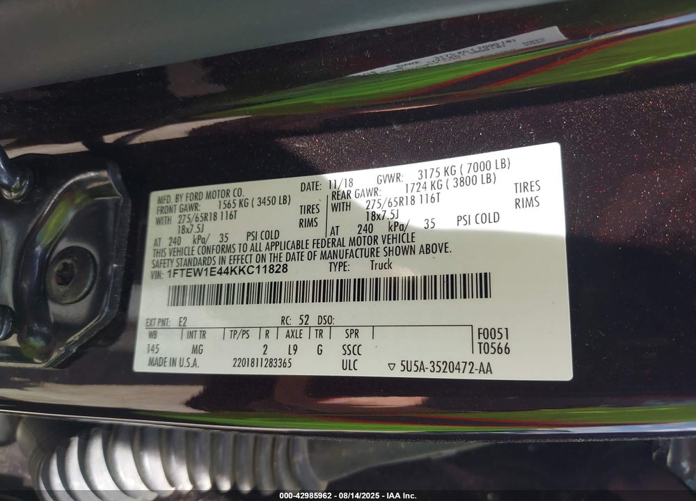 2019 FORD F-150 VIN: 1FTEW1E44KKC11828