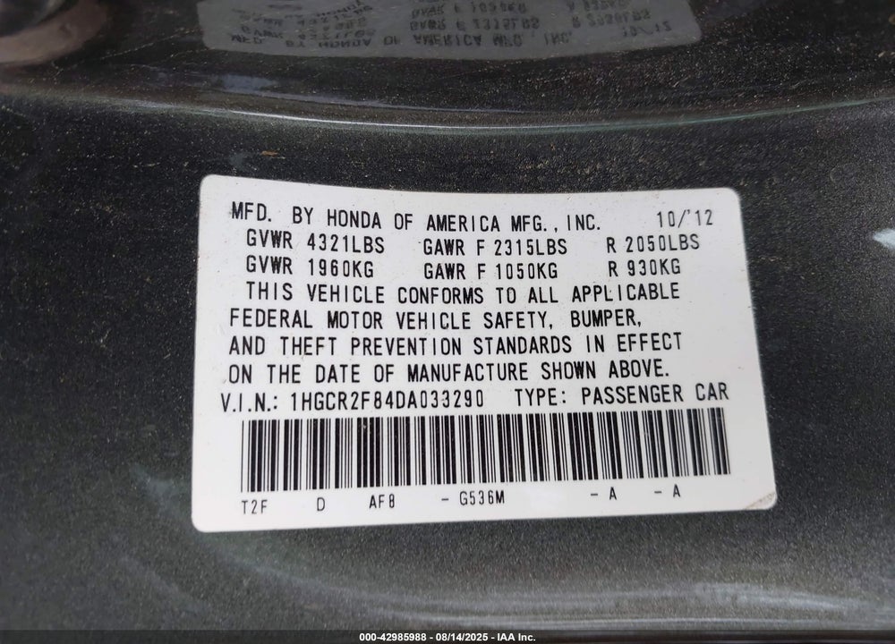 2013 HONDA ACCORD VIN: 1HGCR2F84DA033290