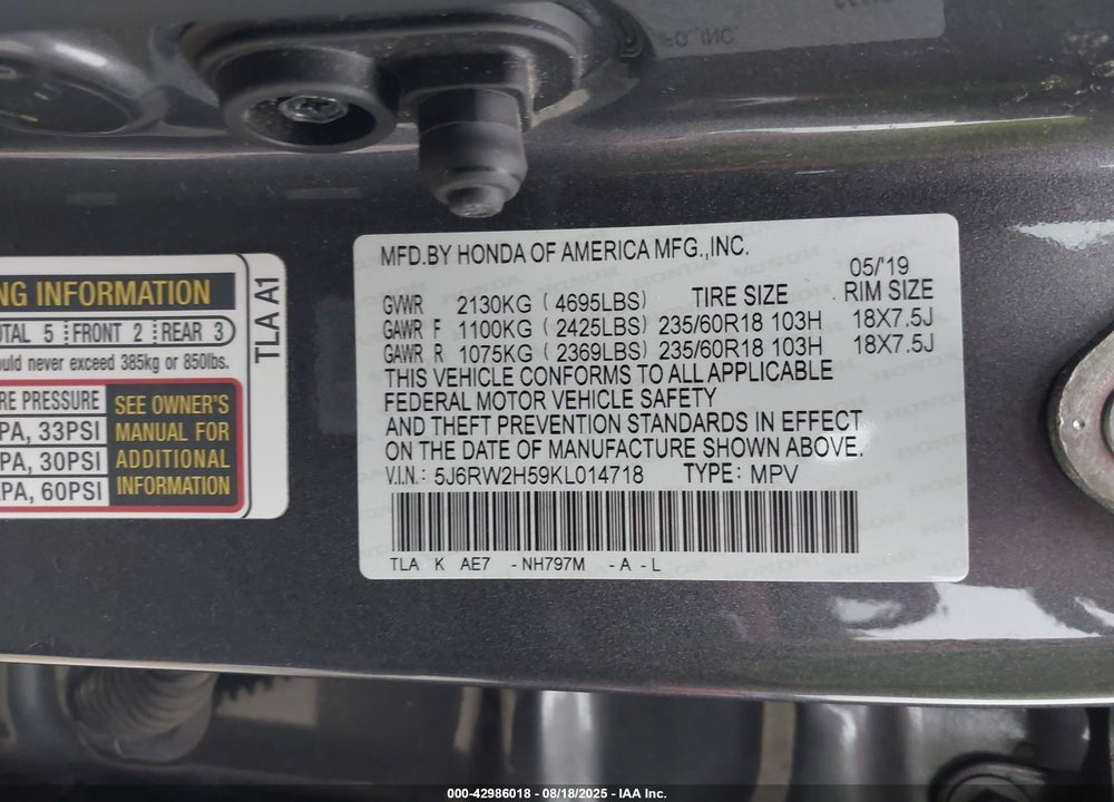 2019 HONDA CR-V VIN: 5J6RW2H59KL014718