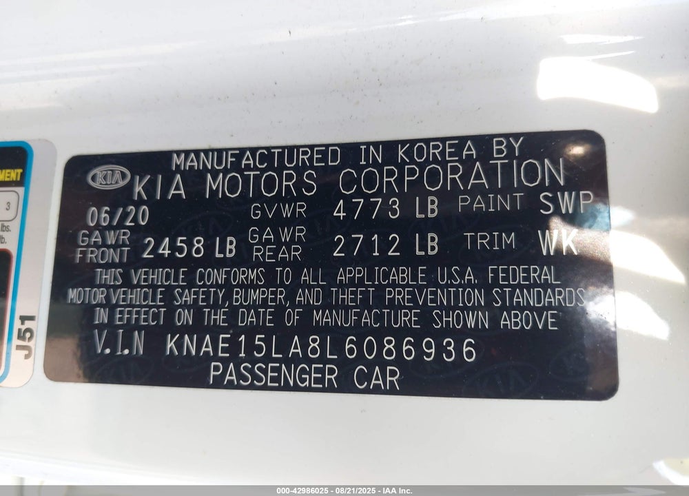 2020 KIA STINGER VIN: KNAE15LA8L6086936