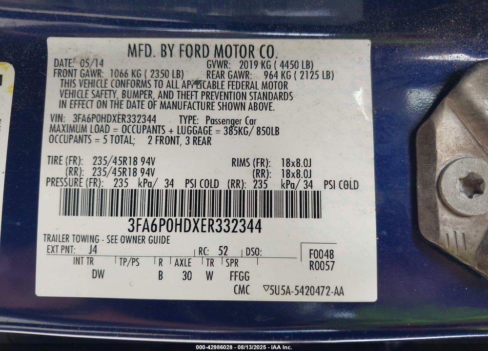 2014 FORD FUSION SE VIN: 3FA6P0HDXER332344