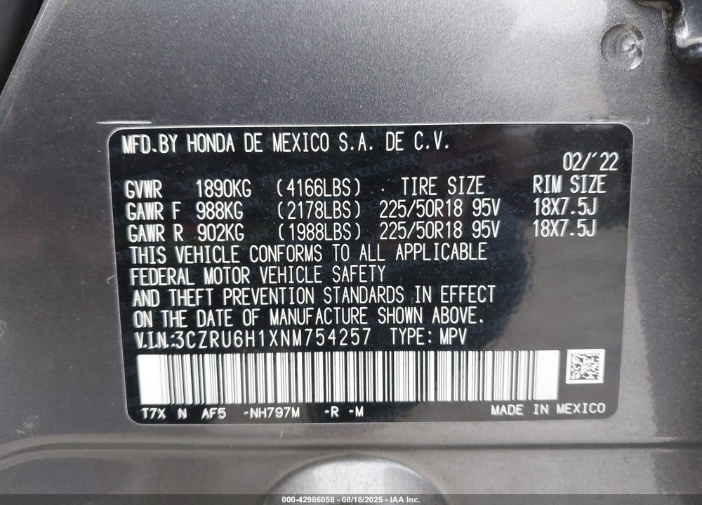 2022 HONDA HR-V VIN: 3CZRU6H1XNM754257