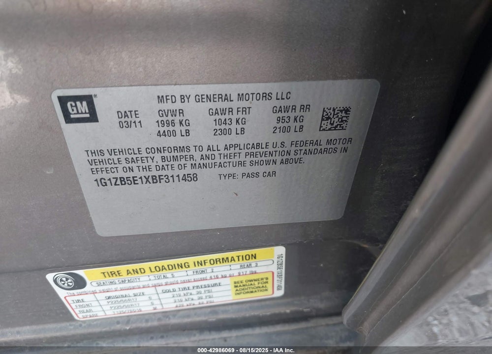 2011 CHEVROLET MALIBU VIN: 1G1ZB5E1XBF311458
