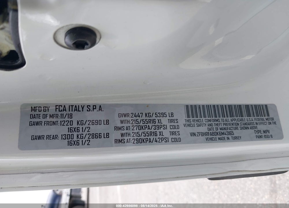 2019 RAM PROMASTER CITY TRADESMAN VIN: ZFBHRFAB0K6M43165