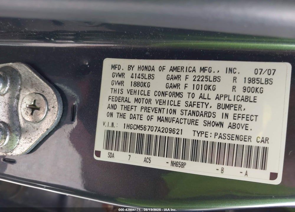 2007 HONDA ACCORD 2.4 EX VIN: 1HGCM56707A209621