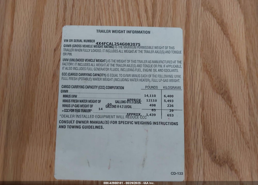2004 CARD CAMPER VIN: 4X4FCAL254G082075