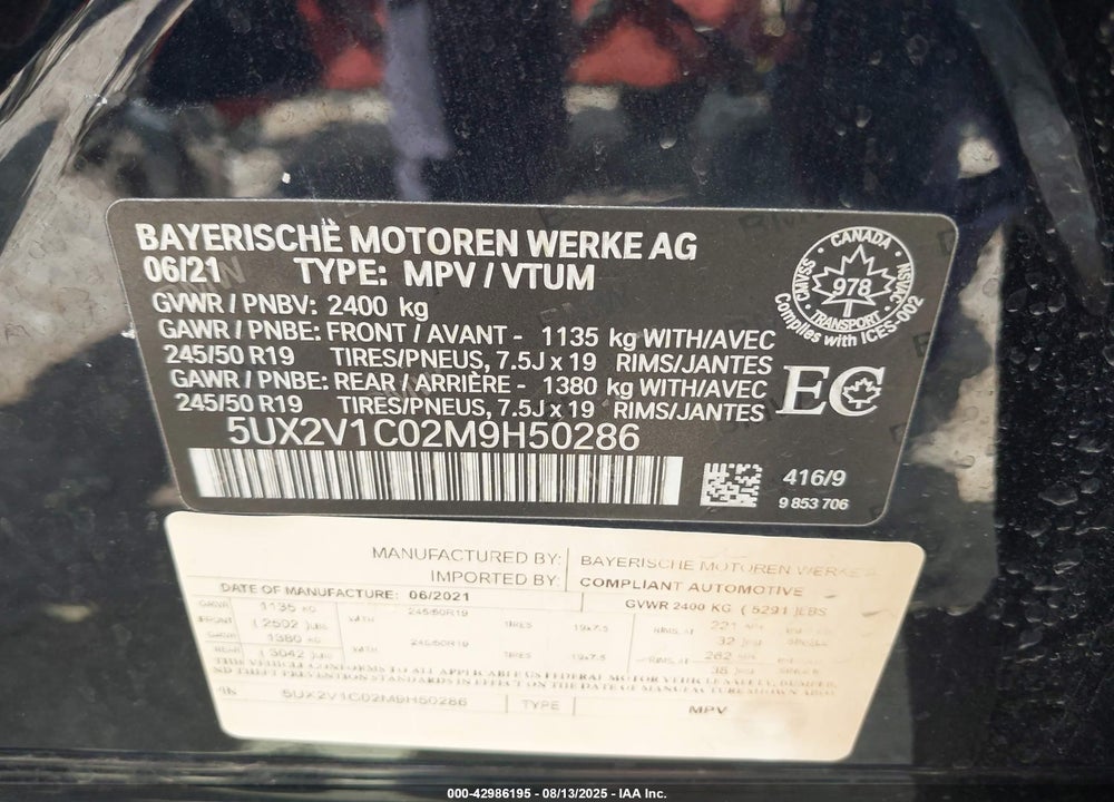 2021 BMW X4 VIN: 5UX2V1C02M9H50286