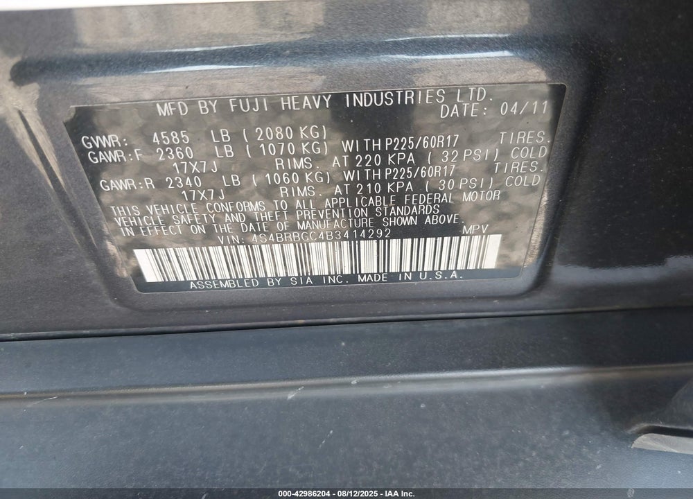 2011 SUBARU OUTBACK VIN: 4S4BRBGC4B3414292