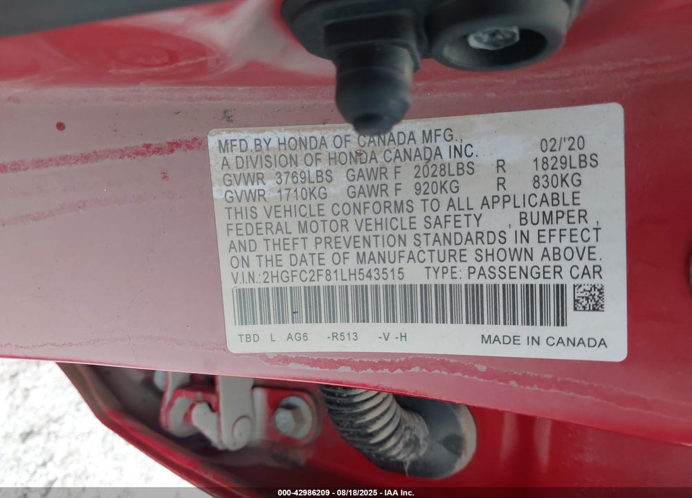 2020 HONDA CIVIC VIN: 2HGFC2F81LH543515