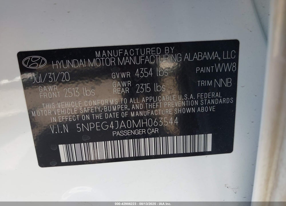 2021 HYUNDAI SONATA VIN: 5NPEG4JA0MH063544