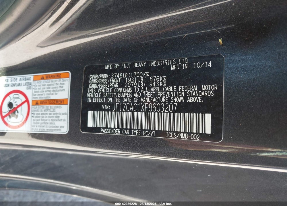 2015 SUBARU BRZ VIN: JF1ZCAC1XF8603207