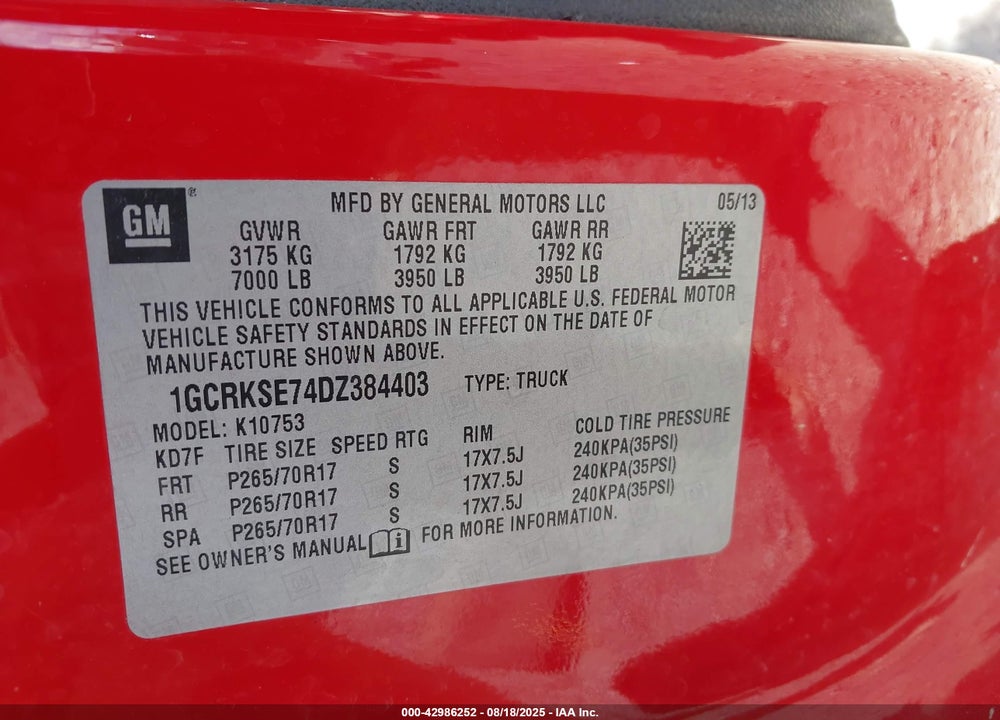 2013 CHEVROLET SILVERADO 1500 LT VIN: 1GCRKSE74DZ384403