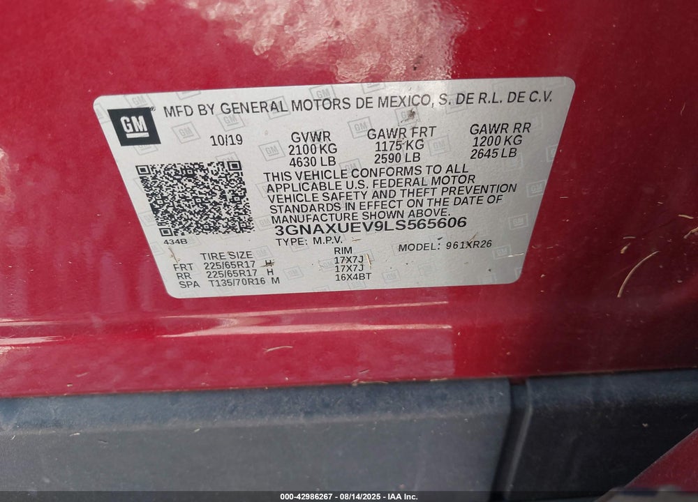 2020 CHEVROLET EQUINOX VIN: 3GNAXUEV9LS565606