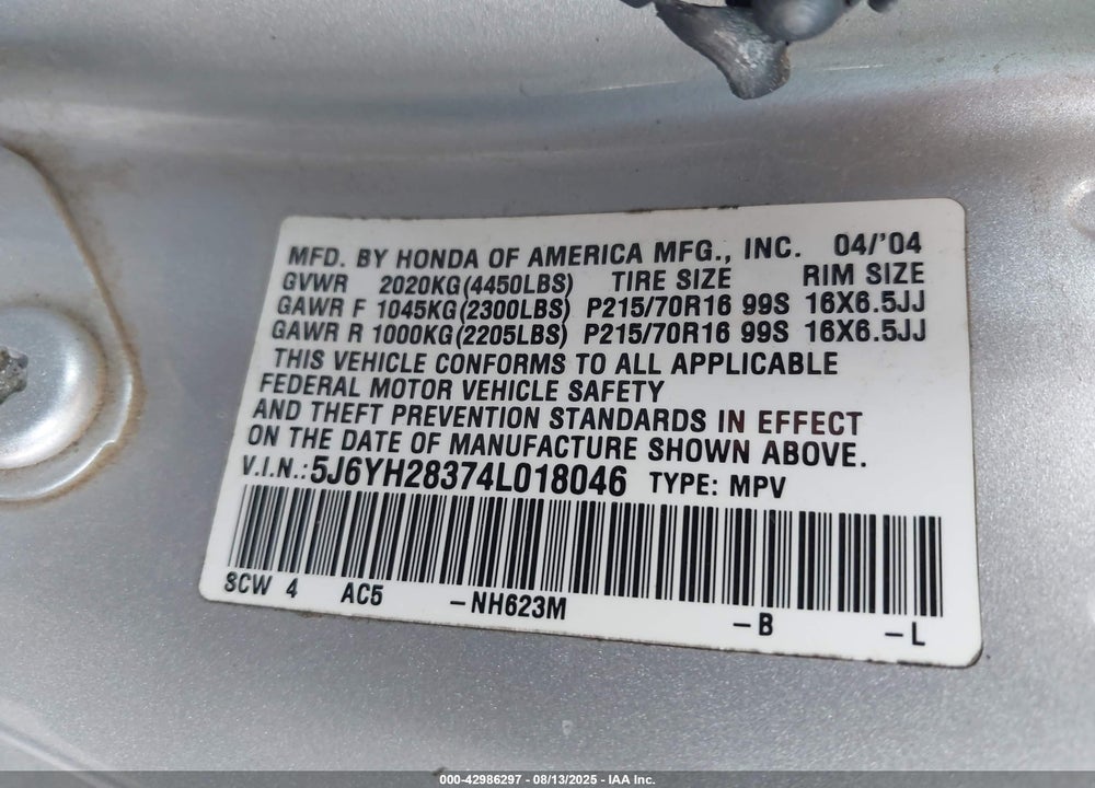 2004 HONDA ELEMENT LX VIN: 5J6YH28374L018046