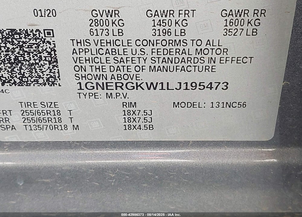 2020 CHEVROLET TRAVERSE VIN: 1GNERGKW1LJ195473