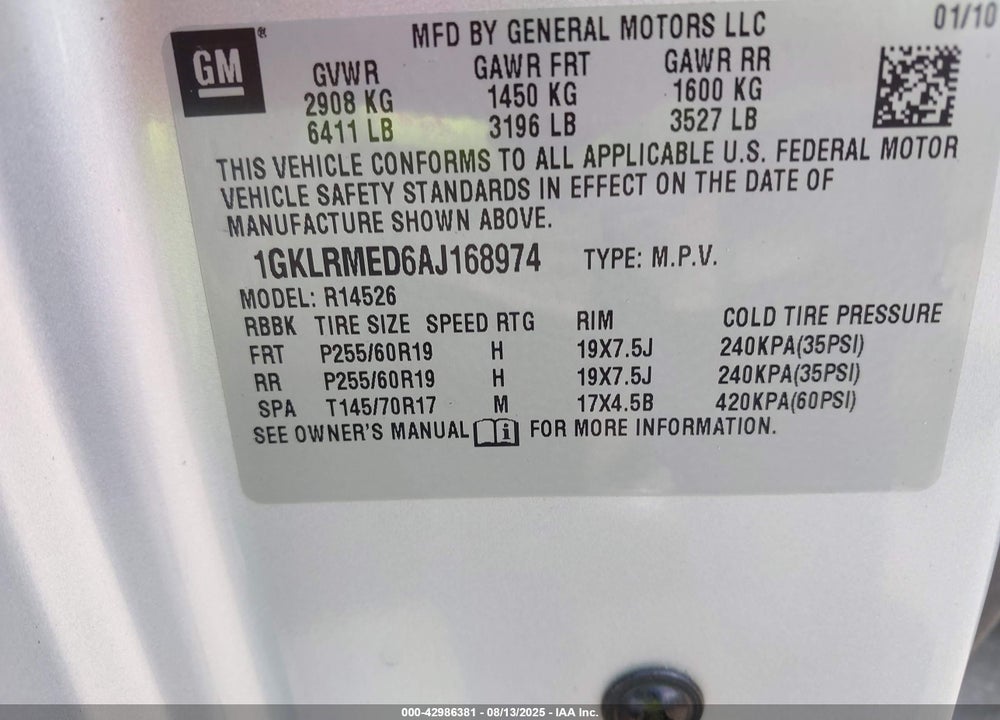 2010 GMC ACADIA SLT-1 VIN: 1GKLRMED6AJ168974