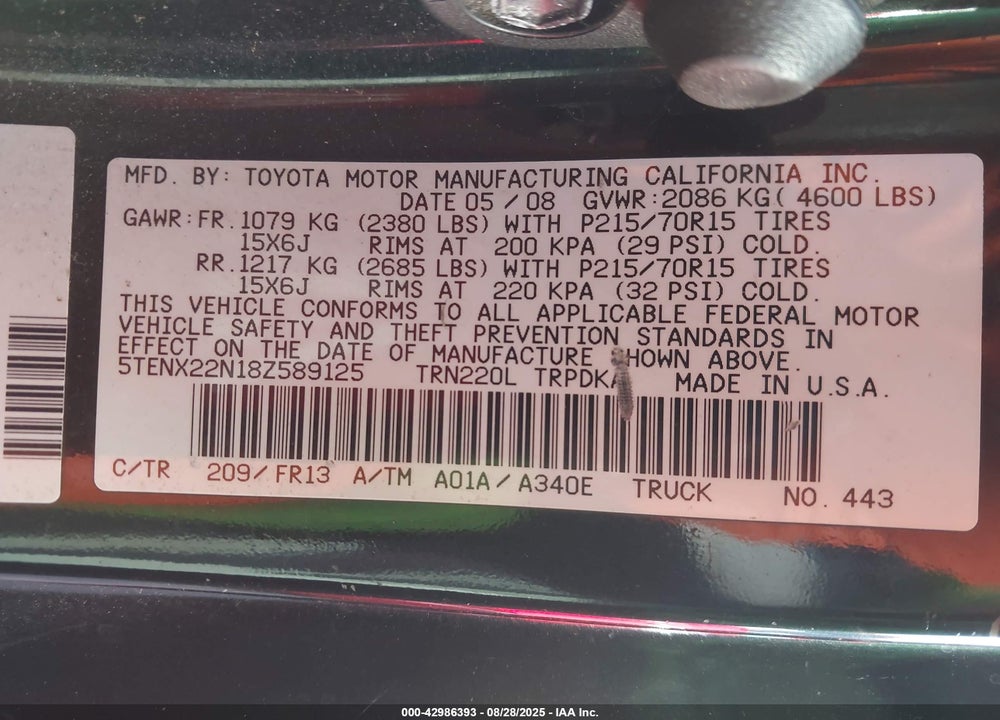 2008 TOYOTA TACOMA VIN: 5TENX22N18Z589125