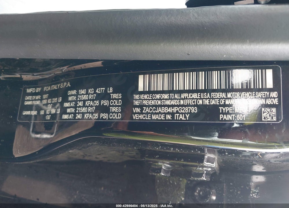 2017 JEEP RENEGADE VIN: ZACCJABB4HPG28793