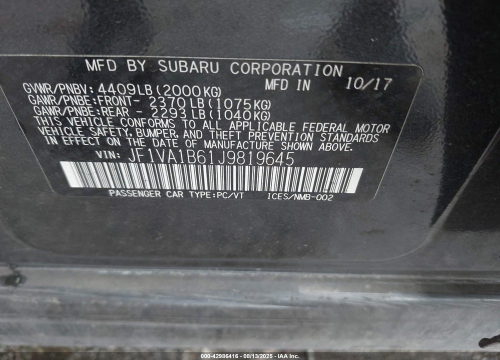 2018 SUBARU WRX PREMIUM VIN: JF1VA1B61J9819645