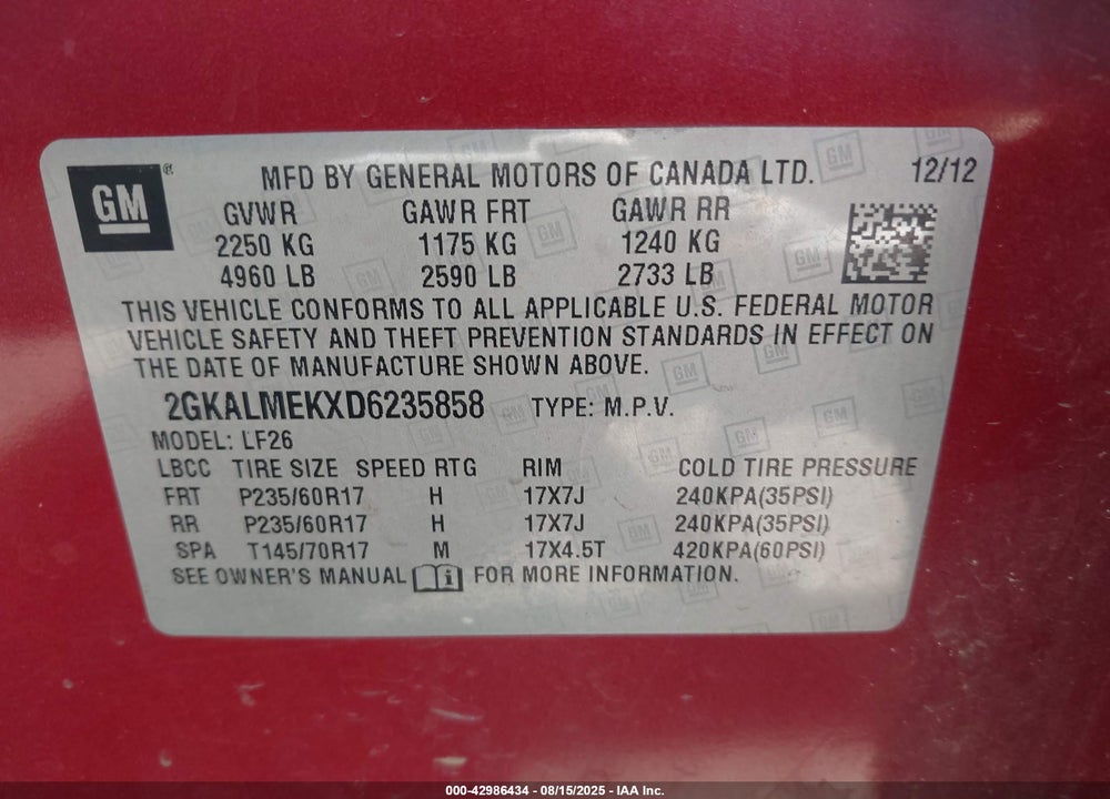 2013 GMC TERRAIN VIN: 2GKALMEKXD6235858