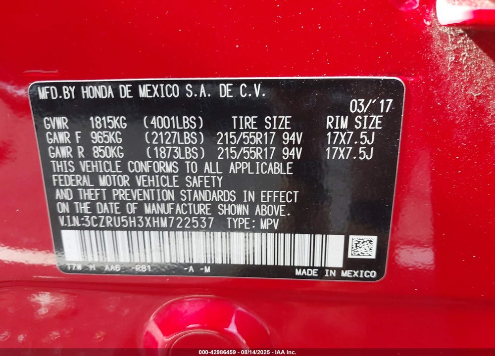 2017 HONDA HR-V VIN: 3CZRU5H3XHM722537