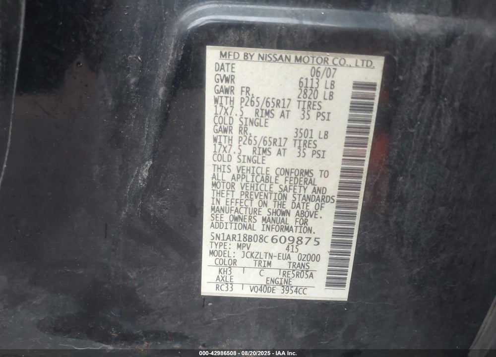 2008 NISSAN PATHFINDER SE VIN: 5N1AR18B08C609875