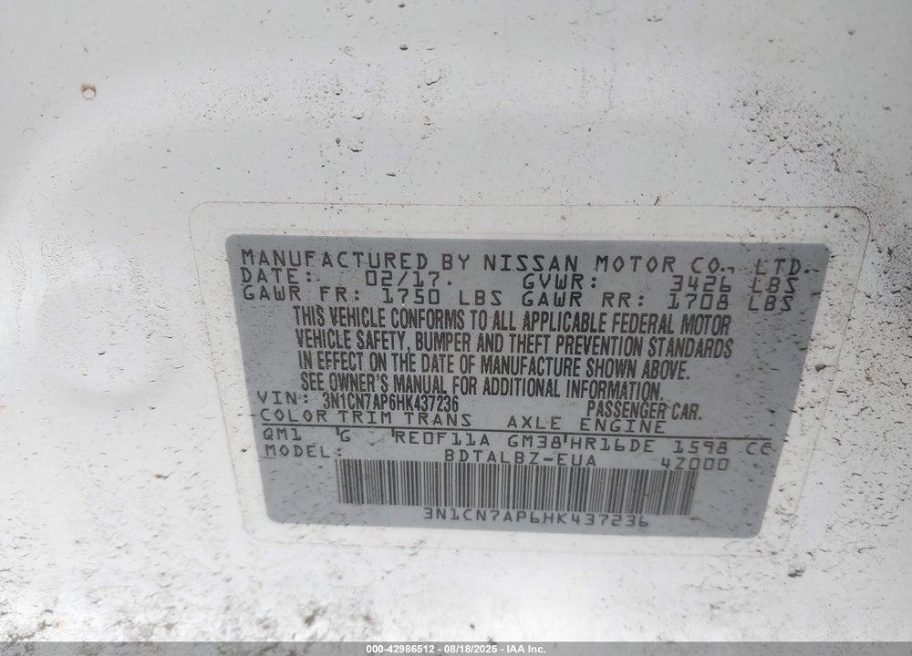 2017 NISSAN VERSA VIN: 3N1CN7AP6HK437236