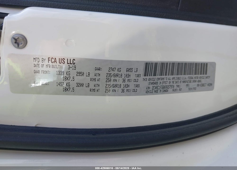 2019 CHRYSLER PACIFICA TOURING PLUS VIN: 2C4RC1FG6KR657970